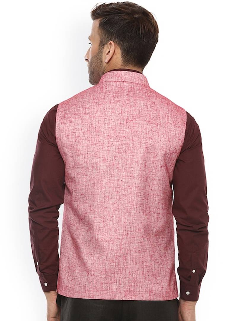Men's Red 
Cotton Blend
 Solid
 Nehru Jackets